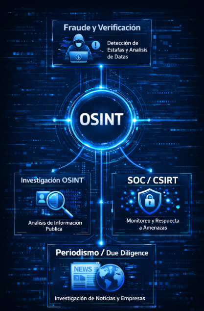Mapa de casos de uso OSINT de IntelMind: fraude y verificación, investigación OSINT, SOC/CSIRT y periodismo con due diligence