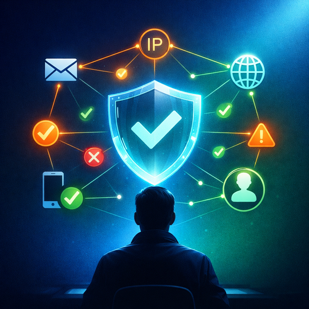 Verificación OSINT de fraude en IntelMind: panel conceptual con correlación de señales entre correos, IPs, dominios y alias para triage antifraude, KYC y onboarding.