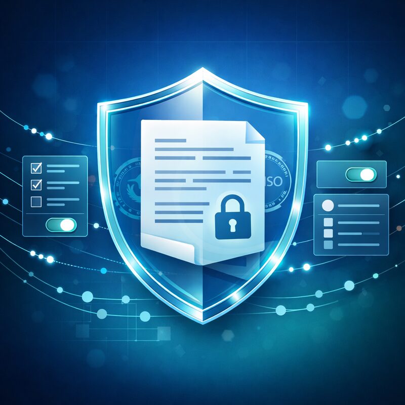 Ilustración editorial de la sección legal y privacidad de IntelMind: escudo translúcido con documento y candado, paneles holográficos de consentimiento y flujo de datos cifrados sobre gradiente azul marino y verde turquesa