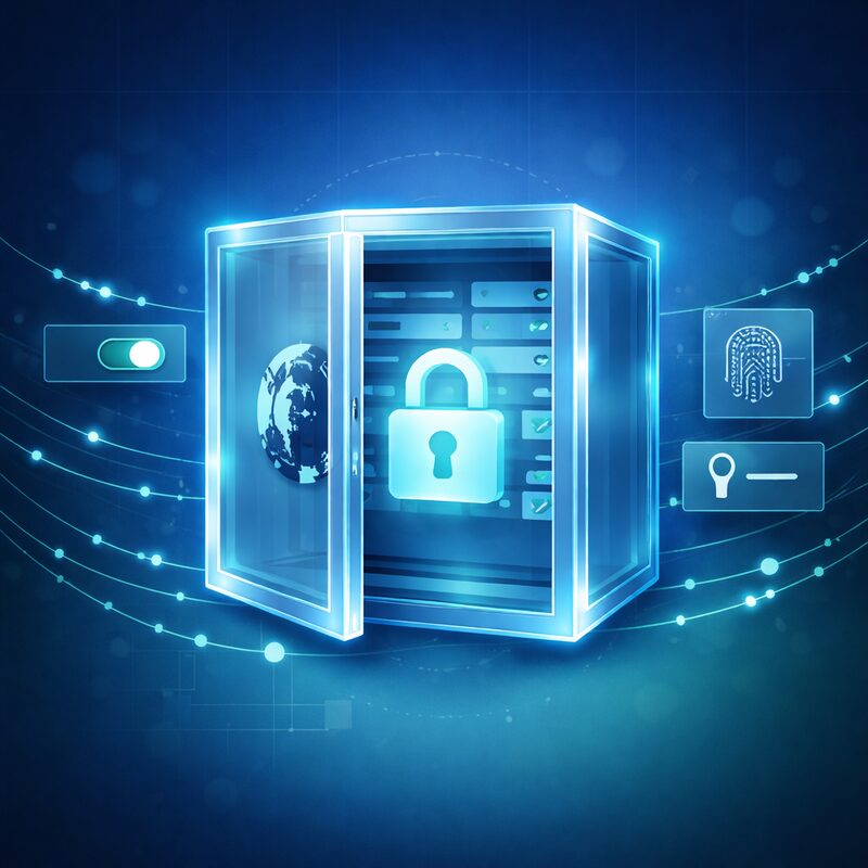 Ilustración editorial de la política de privacidad de IntelMind: caja fuerte translúcida con candado luminoso, tarjetas de datos abstractas, huella dactilar y llave sobre gradiente azul marino y verde turquesa