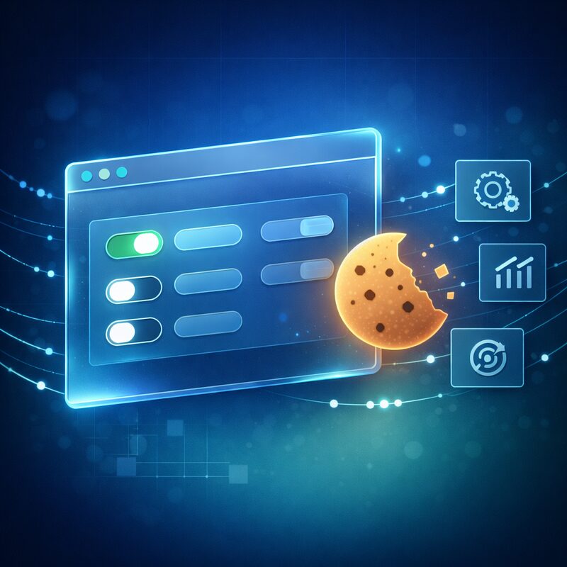 Ilustración editorial de la política de cookies de IntelMind: ventana de navegador translúcida con banner de consentimiento, toggles de preferencias, cookie luminosa y categorías técnica/analítica/personalización sobre gradiente azul marino y verde turquesa