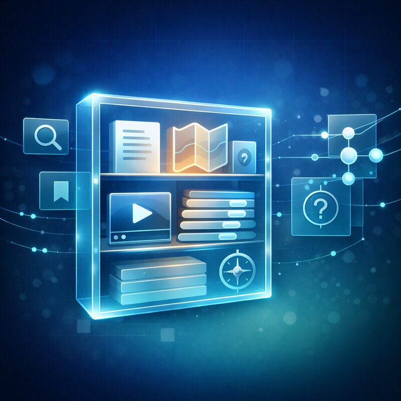 Ilustración editorial del hub de recursos OSINT de IntelMind: estantería translúcida con documentos, mapa, tarjeta de tutorial con play, brújula y mini diagrama de navegación entre nodos sobre gradiente azul marino y verde turquesa