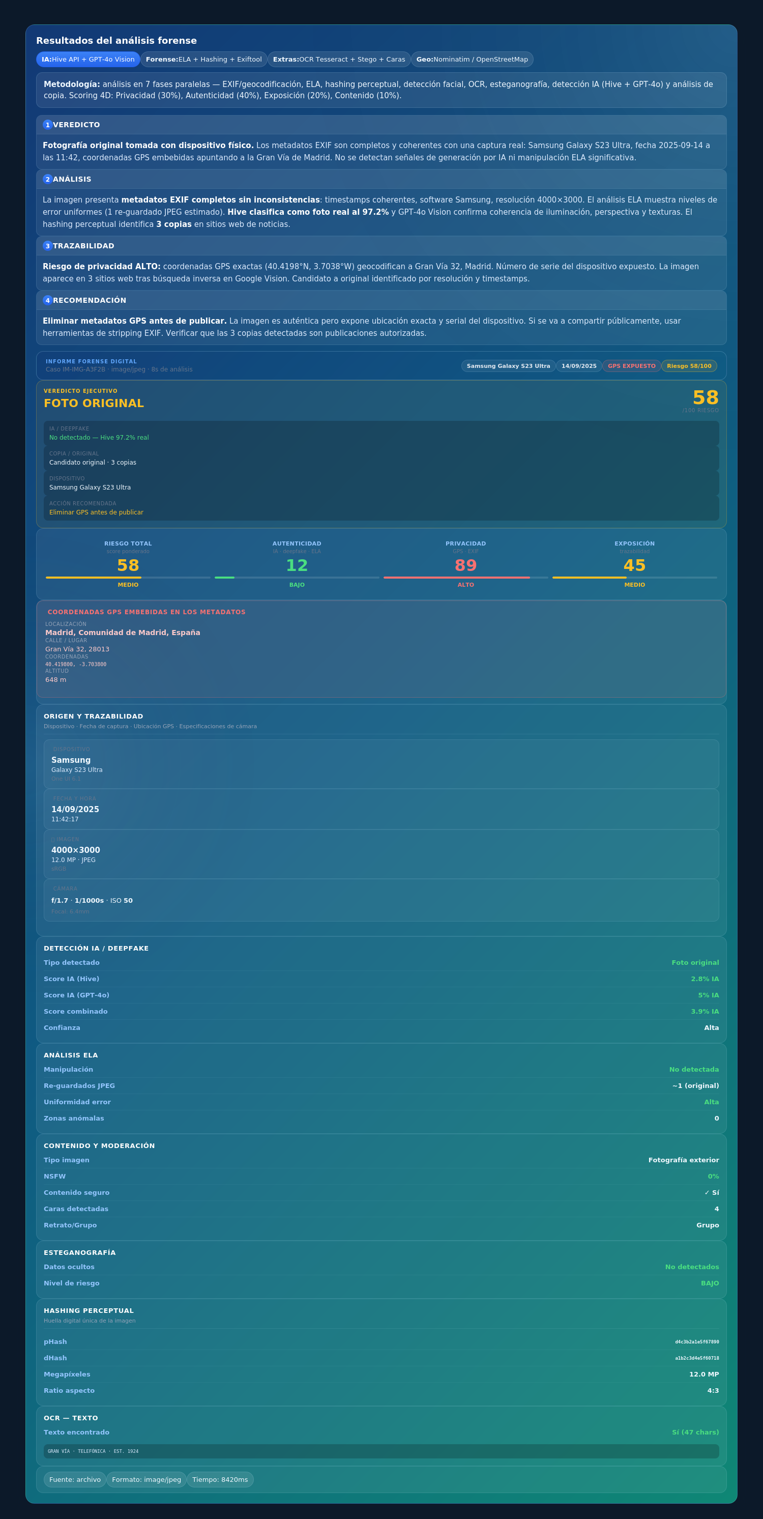 Captura de pantalla del informe de análisis forense de imagen de IntelMind mostrando scoring 4D de riesgo, veredicto ejecutivo, detección IA/deepfake, coordenadas GPS geocodificadas y metadatos EXIF