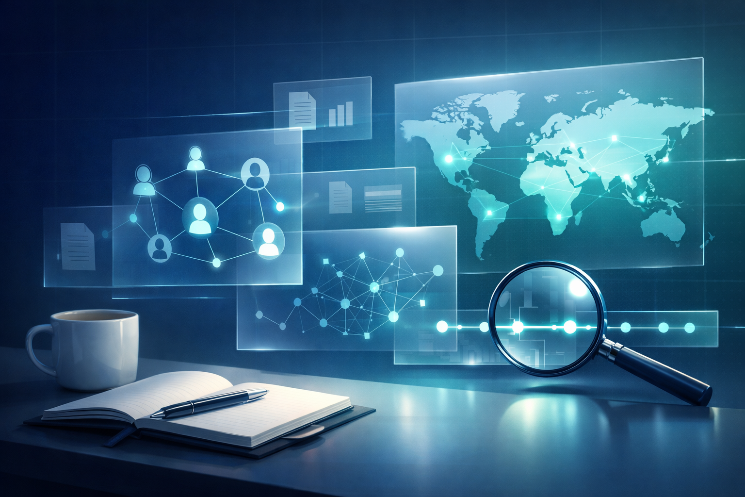 Ilustración editorial de OSINT para periodismo de investigación y due diligence empresas online con IntelMind: mesa de redacción con paneles holográficos de datos, fragmentos de mapamundi, siluetas de identidades conectadas por líneas y grafos de red en tonos azul marino, acero y verde azulado corporativos