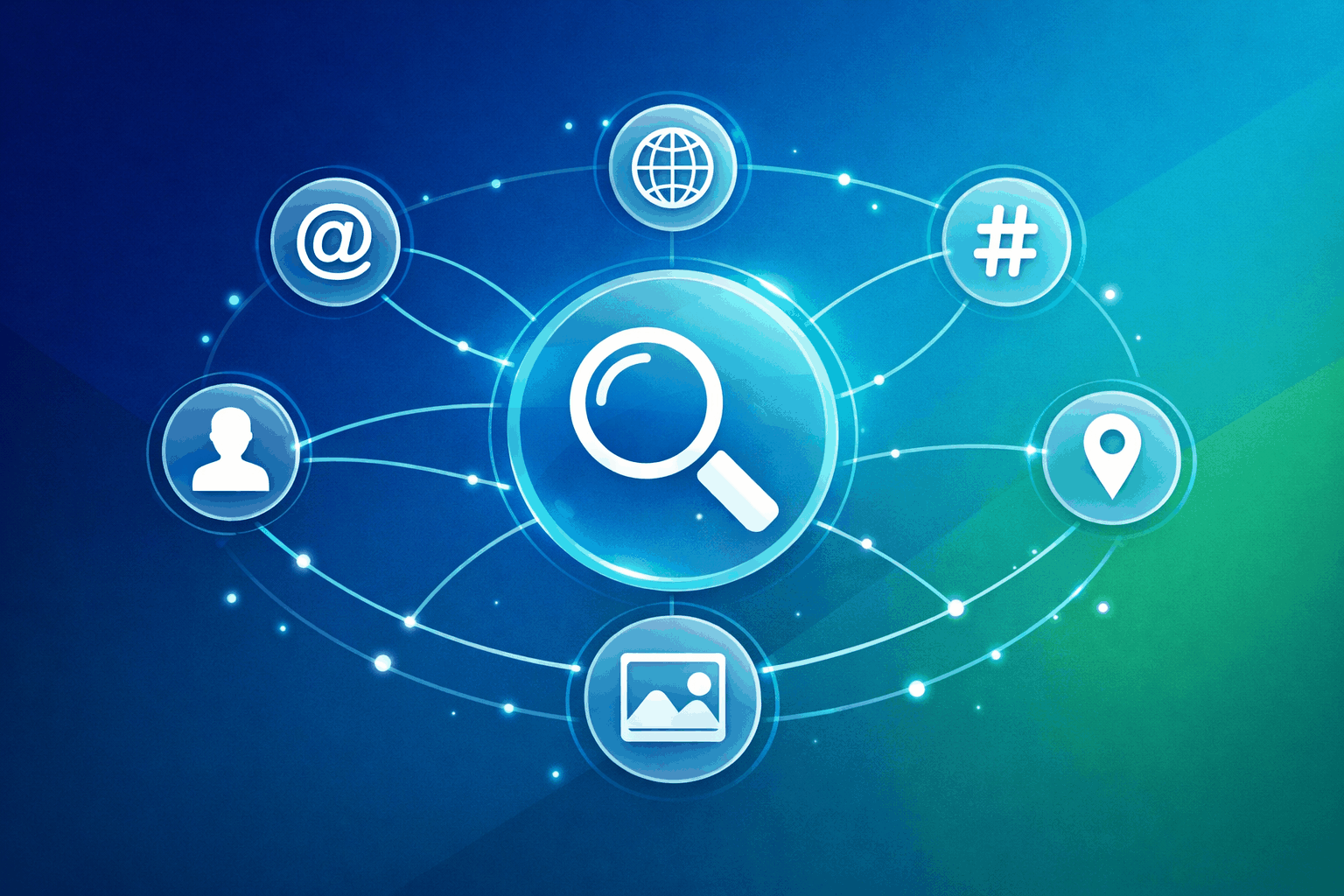 Ilustración de investigación OSINT con IntelMind: red de nodos conectando correo, dominio, IP e imagen alrededor de una lupa central