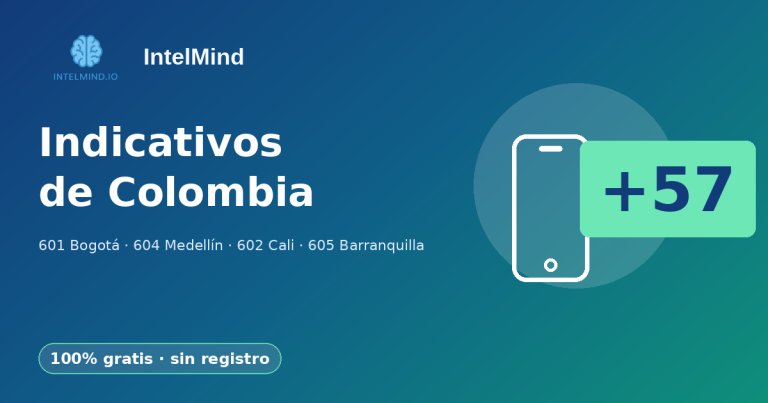 Indicativos de Colombia: 601 Bogotá, 604 Medellín, 602 Cali y 605 Barranquilla
